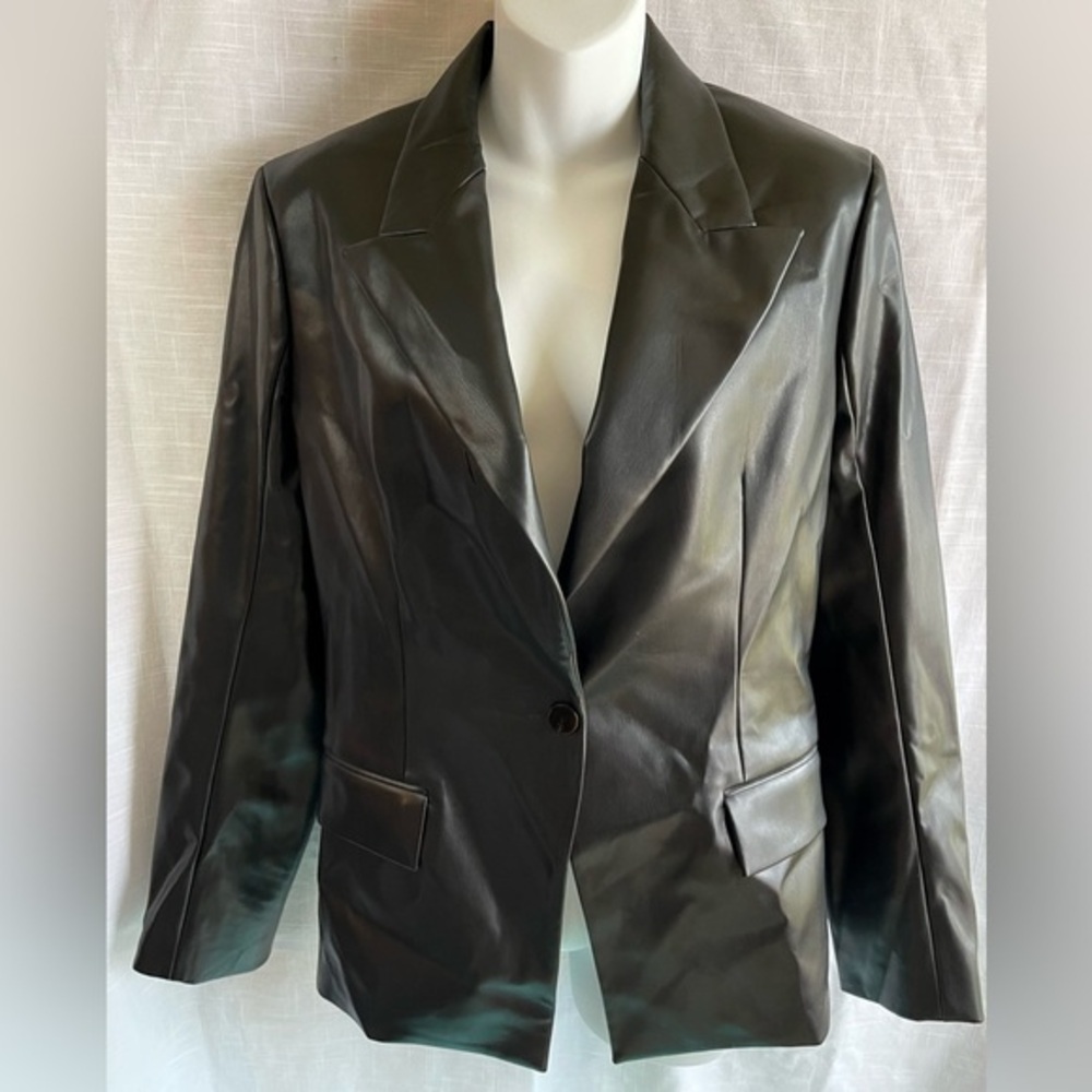 Vegan Jacket By Theory Angled Blazer Bedford Faux Leather One Button Size 10- BK